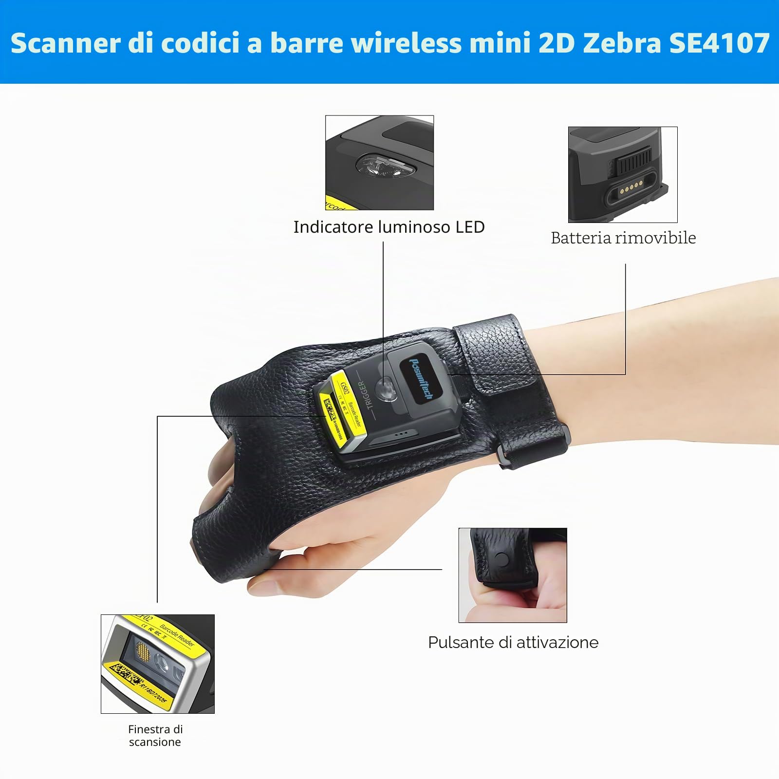 Guanto lettore di codici a barre 2D GS02 Wearable Scanner lettore IP65 Touch Scanning NFC Supporto multilingue per magazzino, sistema di gestione, produzione, spedizione, picking