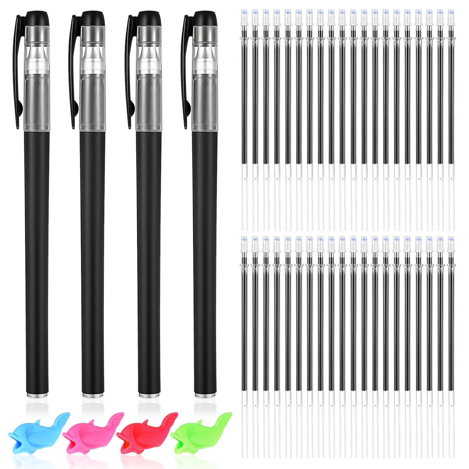 Heclia Disappearing Ink Pens Set 40 Magical Refills, 4 Pens, 4 Grips for Grooved Writing Practice Reusable Educational Writing Kit for Kids Magical Ink Pen for Grooved Handwriting Workbook