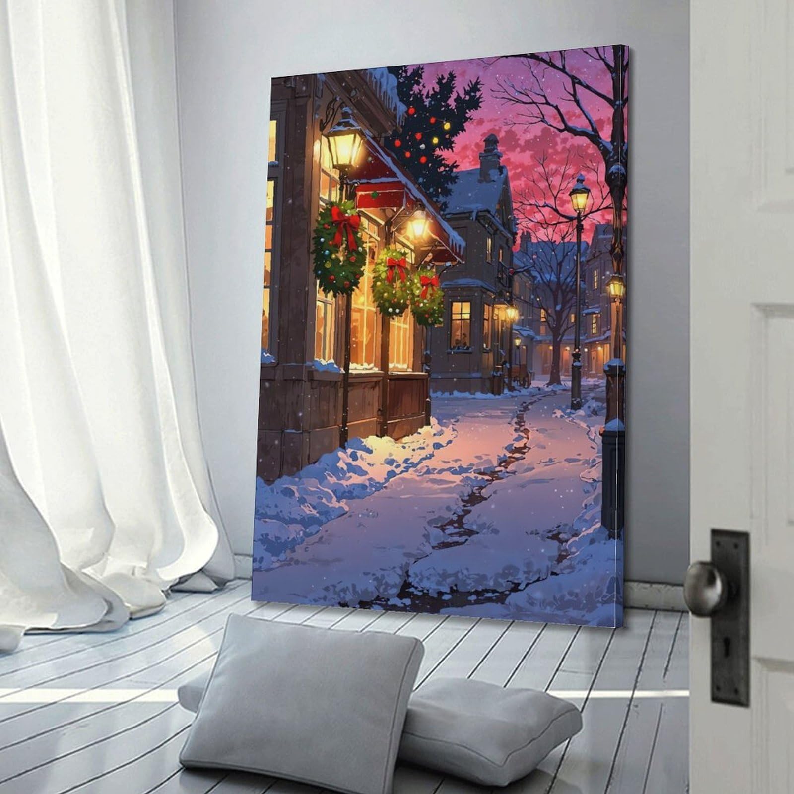 CWLLOG Stampe su tela da parete, poster per festival, Natale, città innevata, illustrazione moderna per soggiorno e camera da letto, decorazione artistica da 40 x 60 cm