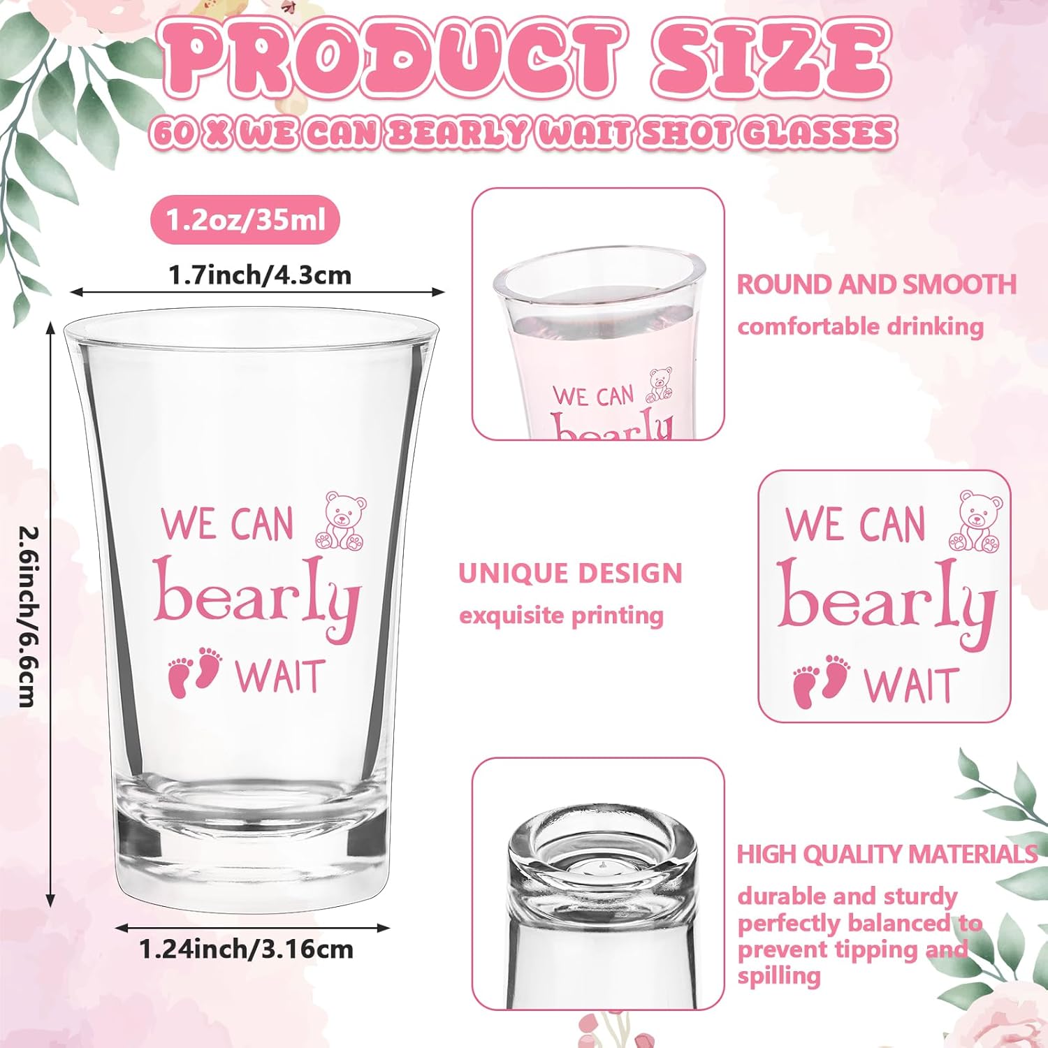 60 Set Baby Shower Shot Glasses We Can Bearly Wait Acrylic Shot Glasses Boy Girl Theme Favors for Guests with Thank You Card Organza Bag for Tea Party Gender Reveal Souvenir (Pink)