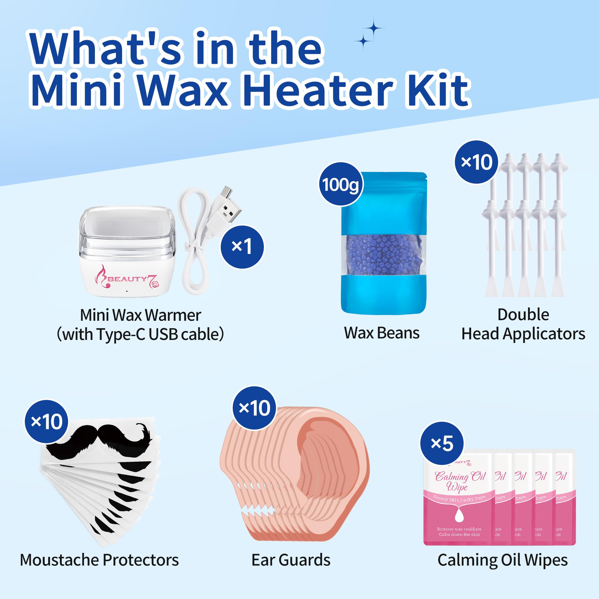 Mini Kit de Depilación Profesional para Hombres y Mujeres, para Cara, Orejas y Nariz, 100g de Cera para Vello, 10 Aplicadores 10 Moldes para Bigote, Depilación Segura, Rápida y Sin Dolor