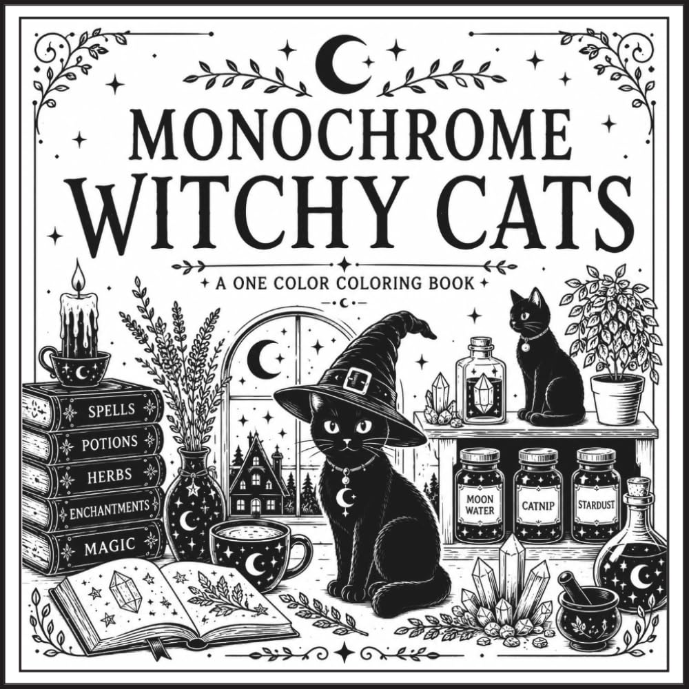 Monochrome Witchy Cats: Cozy Witch Cat Scenes for Relaxation, Stress Relief, Creativity & Mindful Coloring for Cat Lovers, Teens & Adults