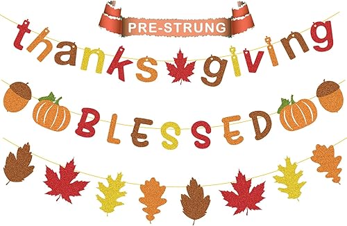 Simife Decoraciones de Acción de Gracias Cartel brillante de agradecimiento y bendición, guirnalda de hojas de otoño para decoración de Acción de