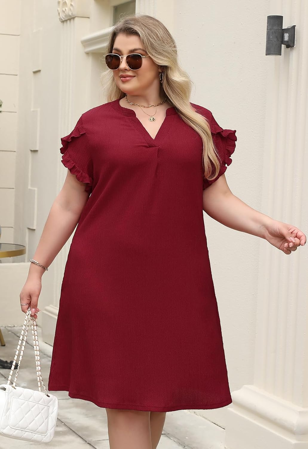Celkuser Plus Size Summer Casual Dresses for Women V Neck Ruffle Cap Short Sleeve Flowy Midi Dress with Pocket - Image 3