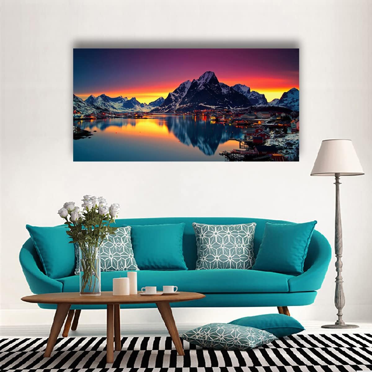 Nature Wall Art Colorful Lake Mountain Picture Canvas Prints Poster Landscape Painting for Bedroom Kitchen Living room Office Wall Decor Home Decorations Modern Artwork Picture Frame 20x40inch