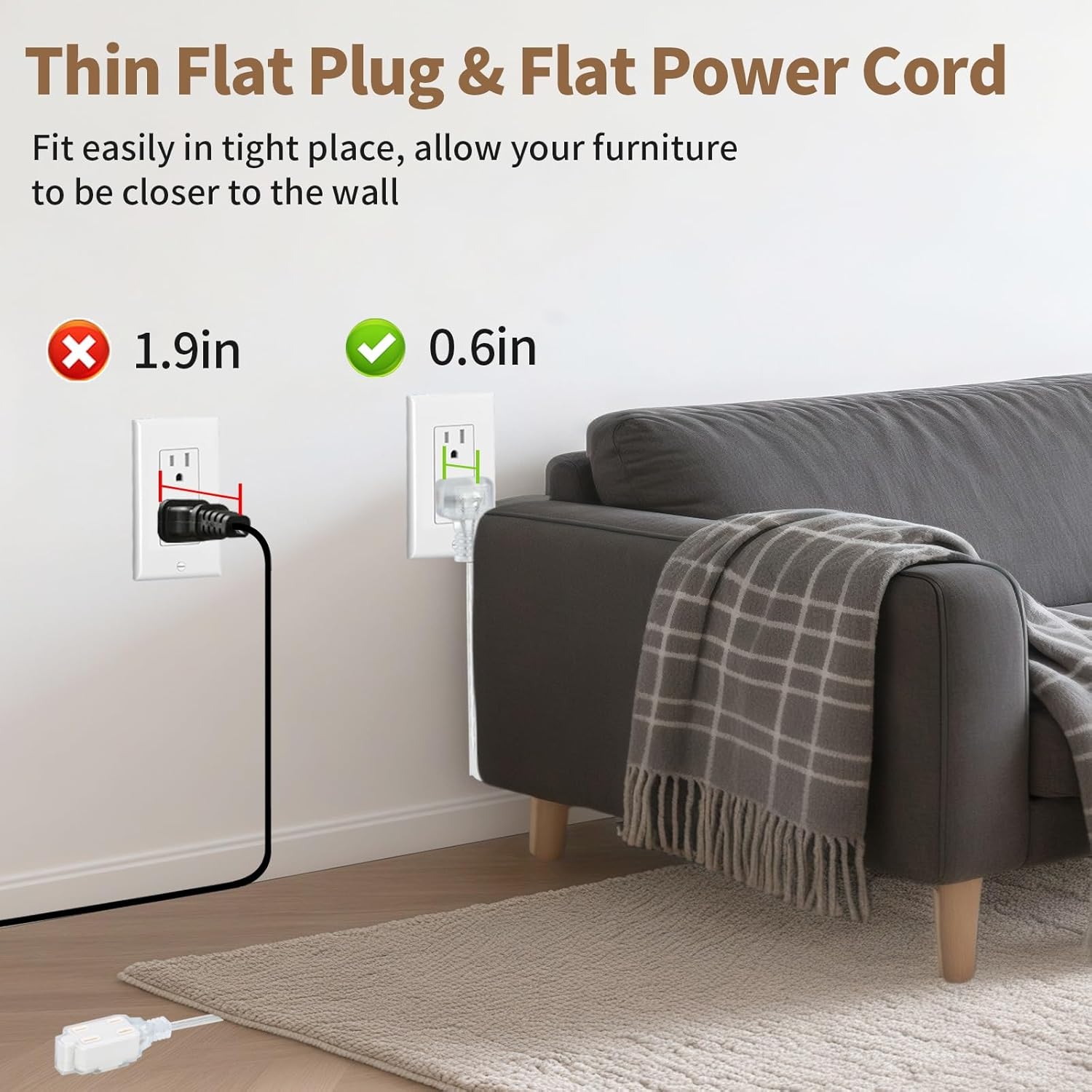 2 Pack 9FT 3 Outlet Clear Extension Cord Indoor Thin, Flat Extension Cord 2 Prong, 3 Polarized Outlets Clear Extension Cords for Light Fixtures, UL-Certified, Home and Office, 7A/125V, 18 AWG