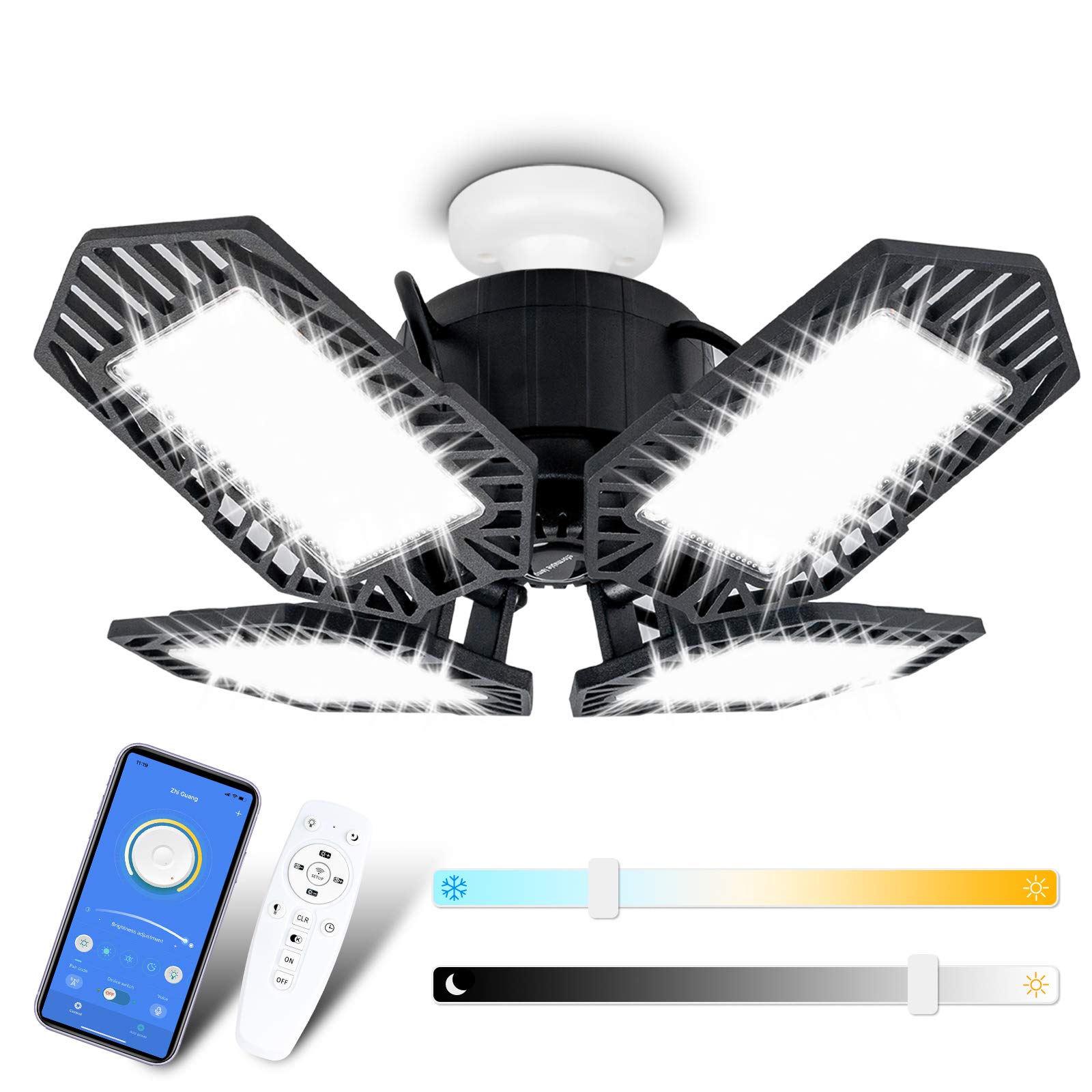Neporal Dimmable LED Garage Light 100W, Color Change Garage Lights from Warm White to Daylight, Deformable Garage Lights with Remote Control & APP, Super Bright Garage Ceiling Light E26 for Basement