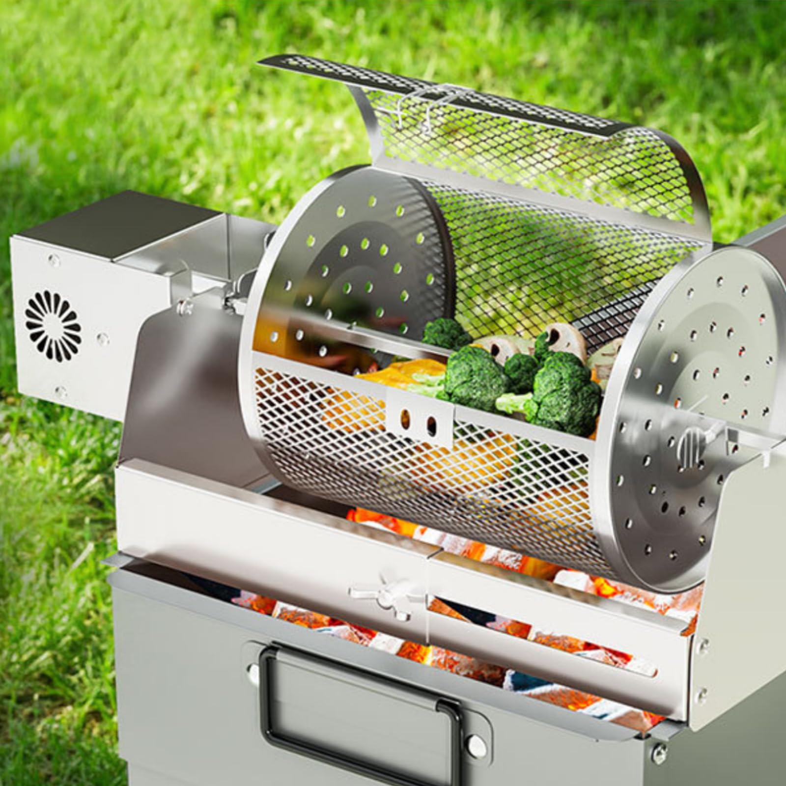 Nikou Cestino per Barbecue Girevole Grill, Girarrosto in Acciaio Inox, Rotisserie Automatico Rotante Grill Basket BBQ Kebab Macchina per Verdure, Arachidi, Noci