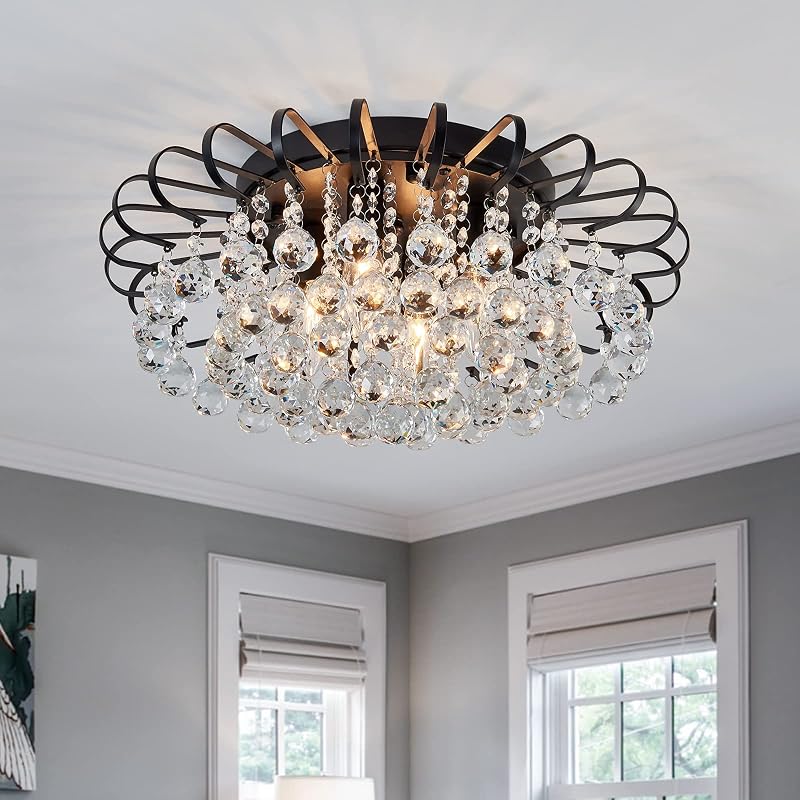 CVKASH Crystal Floral Chandelier 4-Light Antique Modern Black Flush Mount Raindrop Crystal Ceiling Lighting Fixture Chandelier for Living Room Bedroom Dining Room Entryway D17.71 H8.26