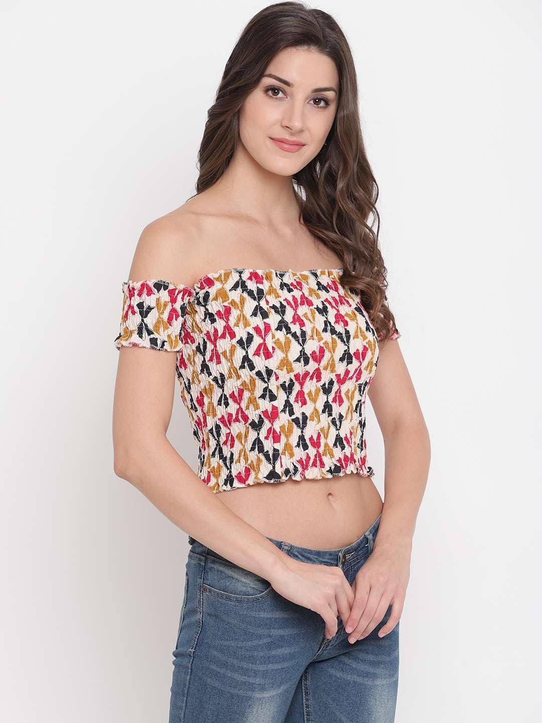 Bigdave Women's Rayon Printed Off-Shoulder Smocked Crop Top Short Sleeve Casual Styles Tank Top (Free Size) Multi31