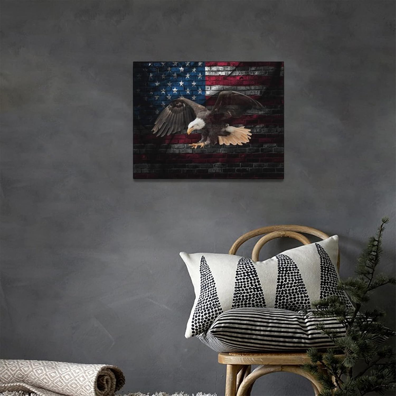 American Flag with Bald Eagle Wall Art Retro Brick Wall Flag Wall Decor Blue Red Line Canvas Prints Artwork Eagle Patriotic Pictures Home Decor Framed Ready to Hang for Home Office 12"x16"
