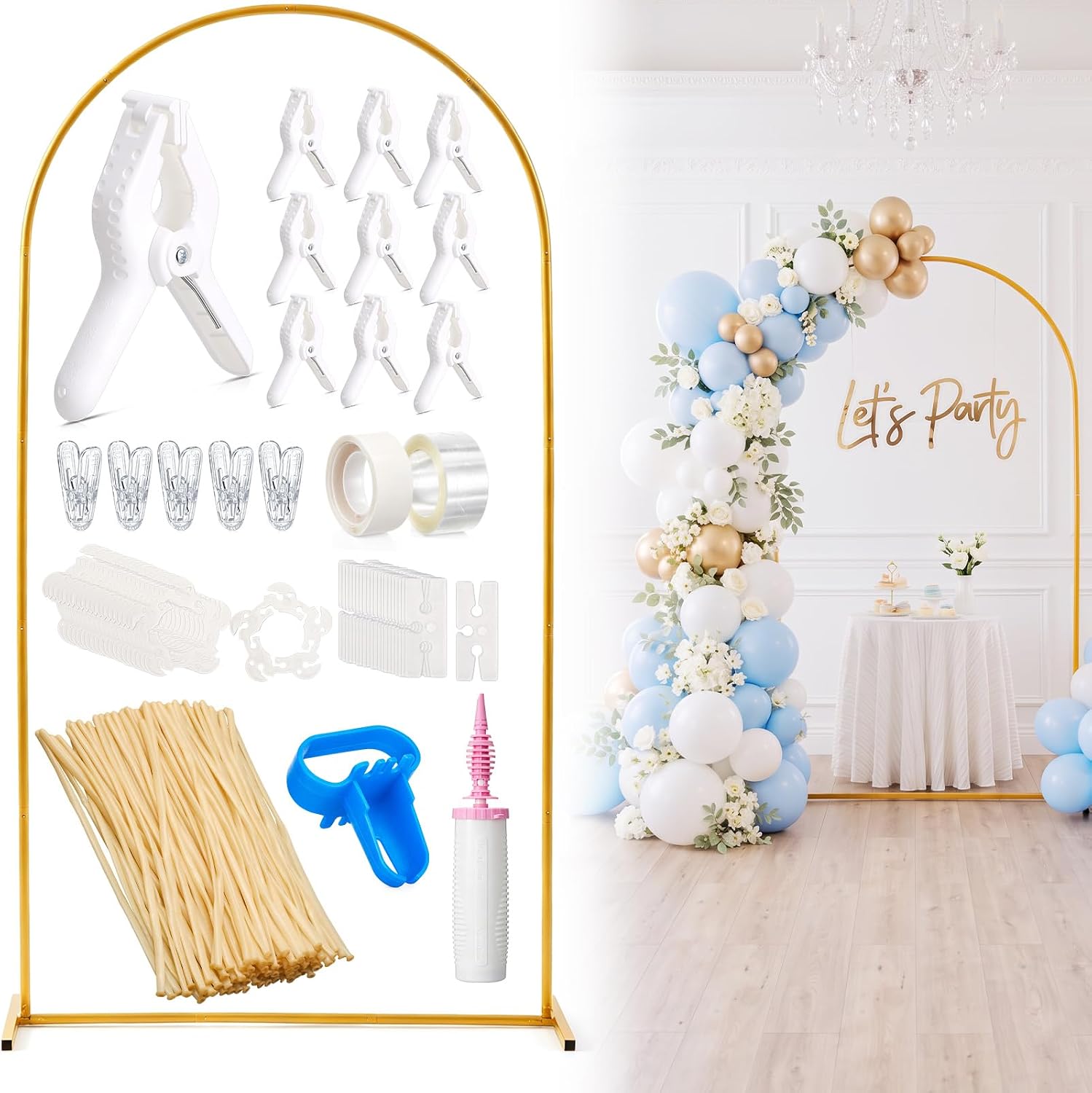 110 Pcs 6.6ft Gold Balloon Arch Stand Kit with 50 260 Balloon, Pump & Clips