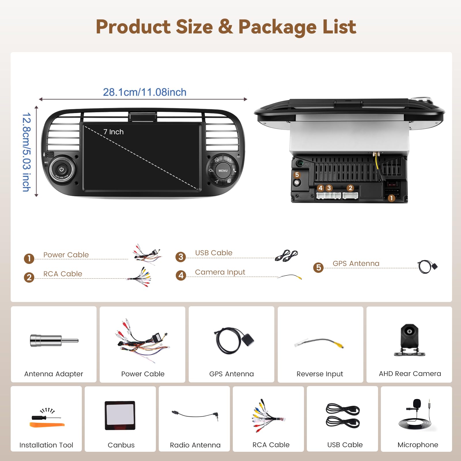 Radio samochodowe Android 15 4+64 GB dla FIAT 500 2007-2015 z ekranem dotykowym 7 Zoll IPS, radio samochodowe 2DIN z bezprzewodowym odtwarzaczem Carplay Android Auto, FM/RDS Radio BT GPS WiFi
