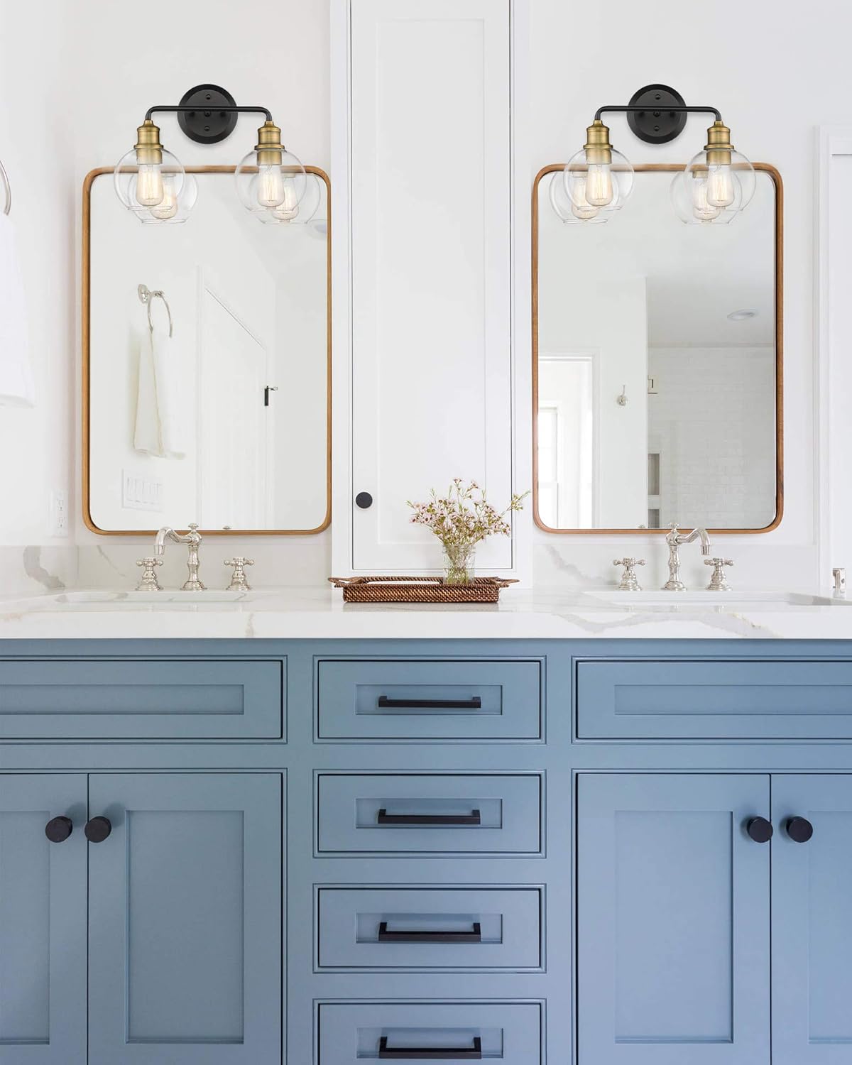 Buy 1 get 1 🔥 AKEZON 2-Light Bathroom Vanity Lights, Bathroom Light Fixtures Over Mirror with Clear Glass Shade, Matte Black & Antique Brass Finish, KW-7221-2