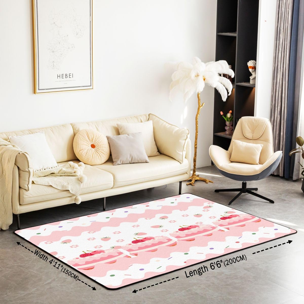 Dywan do salonu, różowy, truskawkowy, 100 x 150 cm, kremowy, do ciast i sypialni, dla dzieci, nastolatków, słodkie kwiaty, słodka księżniczka, mata do wnętrz, dekoracja domu