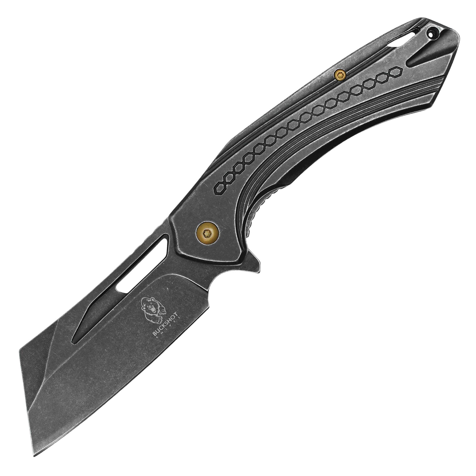 Buckshot Knives 8" Overall Stainless Steel Handle Cleaver Blade Spring Assisted Folding Pocket Knife (Black)