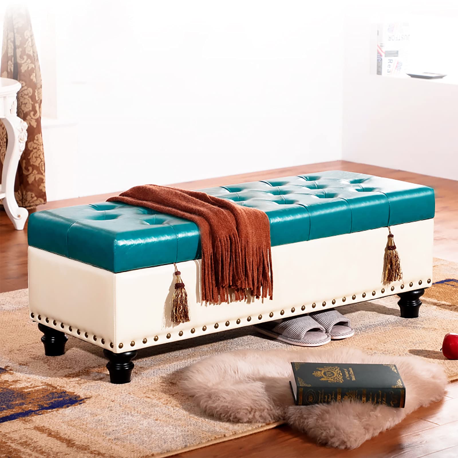 Ottoman moderne en similicuir crème et vert pin avec coffre de rangement élégant pour salon