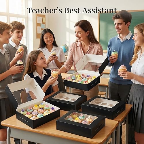 Miniatura 6 de VGOODALL 12 cajas para cupcakes, 6 soportes para cupcakes de Halloween con ventana, cajas de pastelería negras para cumpleaños, vacaciones