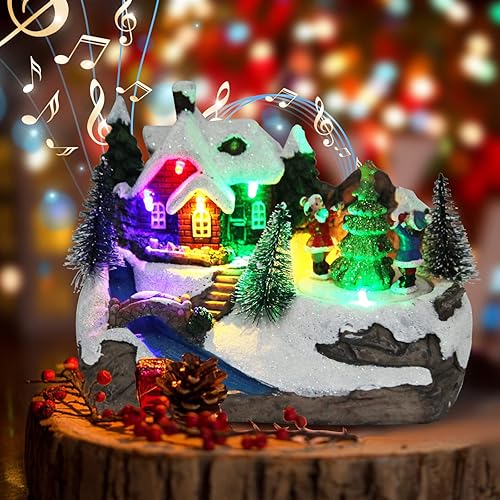 Decoraciones de Navidad Casa de Pueblo Figuras Coleccionables de Edificios de Resina Árbol Giratorio Globo de Nieve Musical 8 Melodías para Árbol de