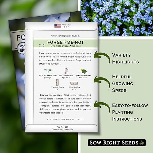 Miniatura 2 de Sow Right Seeds - Semillas de flores Forget-Me-Not para plantar (Cynoglossum amabile) - Paquete de reliquia sin OMG con instrucciones - Ideal para