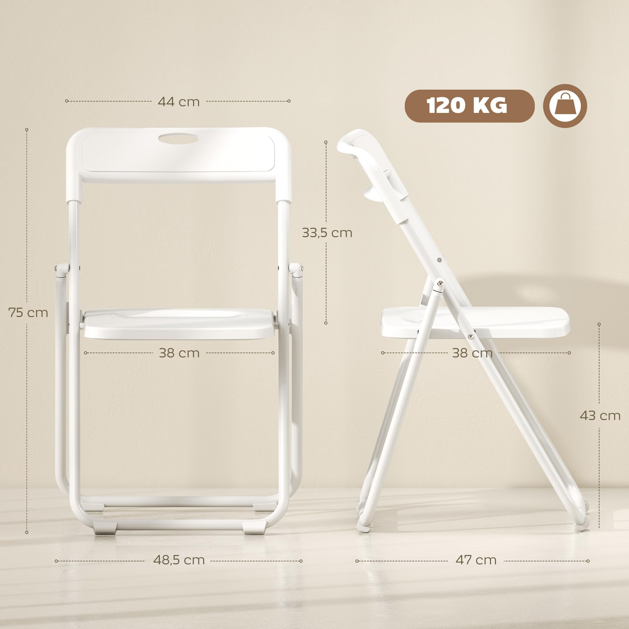 HOMCOM Lot de 6 chaises pliantes en plastique et acier, chaises pliantes intérieures portables, dossier incurvé, assise concave, aération, trou de transport, pour maison, bureau, salle à manger, blanc