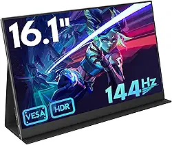 HONGO Monitor portátil de jogos de 16,1'' 144Hz para laptop, tela IPS FHD 1080p com HDR, FreeSync 1200:1, ultrafino e cuidados com os olhos, tela externa de monitor de viagem para laptop, PC, PS5,