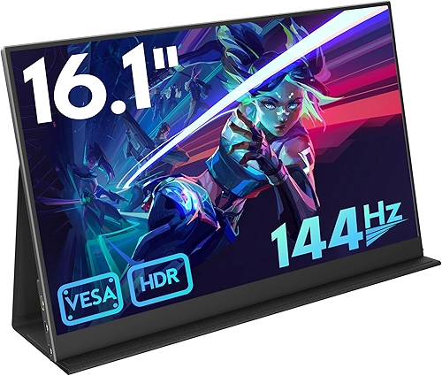 HONGO Monitor portátil de jogos de 16,1'' 144Hz para laptop, tela IPS FHD 1080p com HDR, FreeSync 1200:1, ultrafino e cuidados com os olhos, tela externa de monitor de viagem para laptop, PC, PS5,