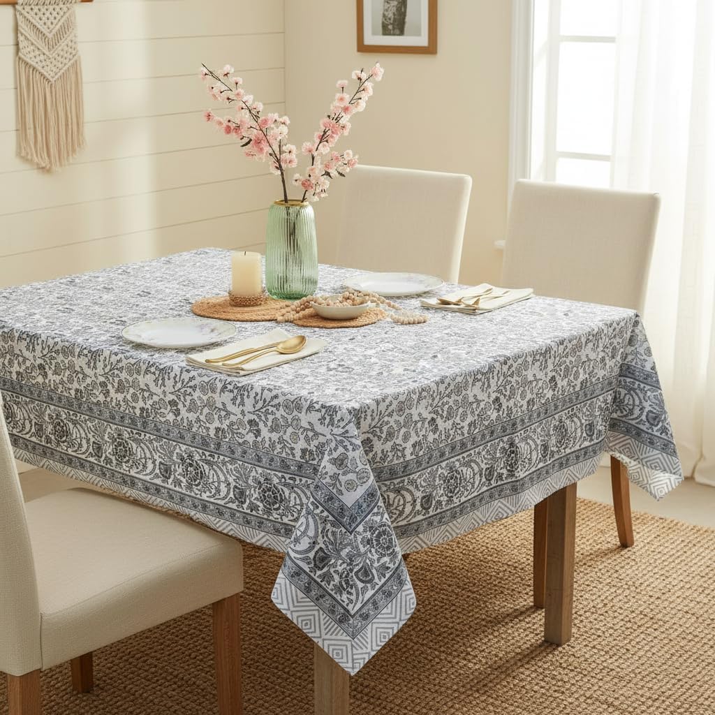 Pure Cotton Hand Block Printed Tablecloth – Artisan Boho Floral Farmhouse Table Cover, 60x60 Square for 4 Seater, Washable Dining Table Cloth for Kitchen, Party & Outdoor, Grey