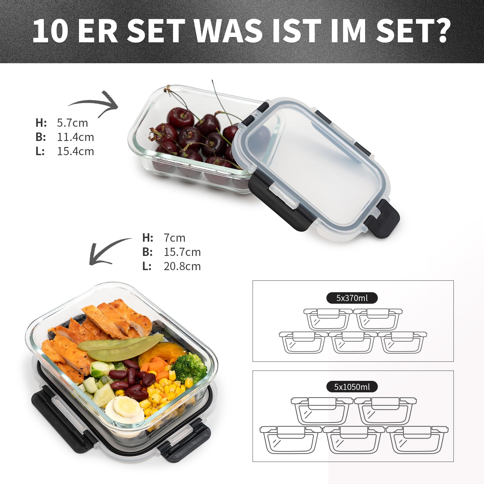 S SALIENT Glas-Frischhaltedosen Set,meal prep boxen,Glasbehälter mit deckel,Lebensmittelbehälter Brotdosen Lunchbox… – Ansicht 2