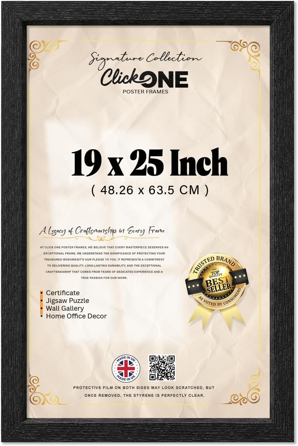 Click One 19x25 Inch Black Picture Frame MDF Wood Perspex Front Wall Mount Horizontal Vertical Photo Poster Artwork Certificate Display Frame Black