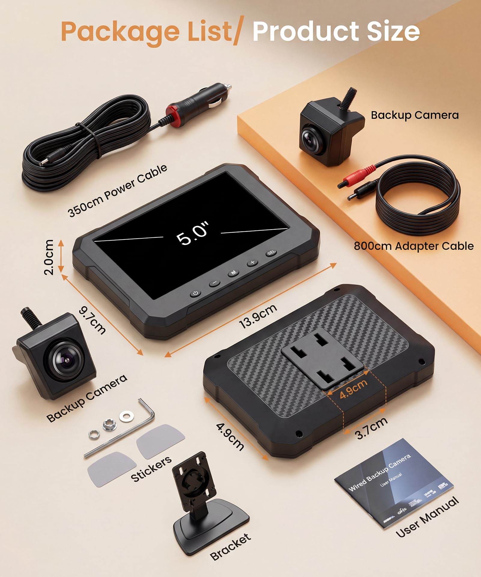 VECHTEL Monitor per auto HD 5'' con Telecamera Orientabile, Kit Telecamera Posteriore con Impermeabile IP68 Visione Notturna Supergrandangolo Linea di Retromarcia, Cavo da 8M, 12-24V per Berline SUV