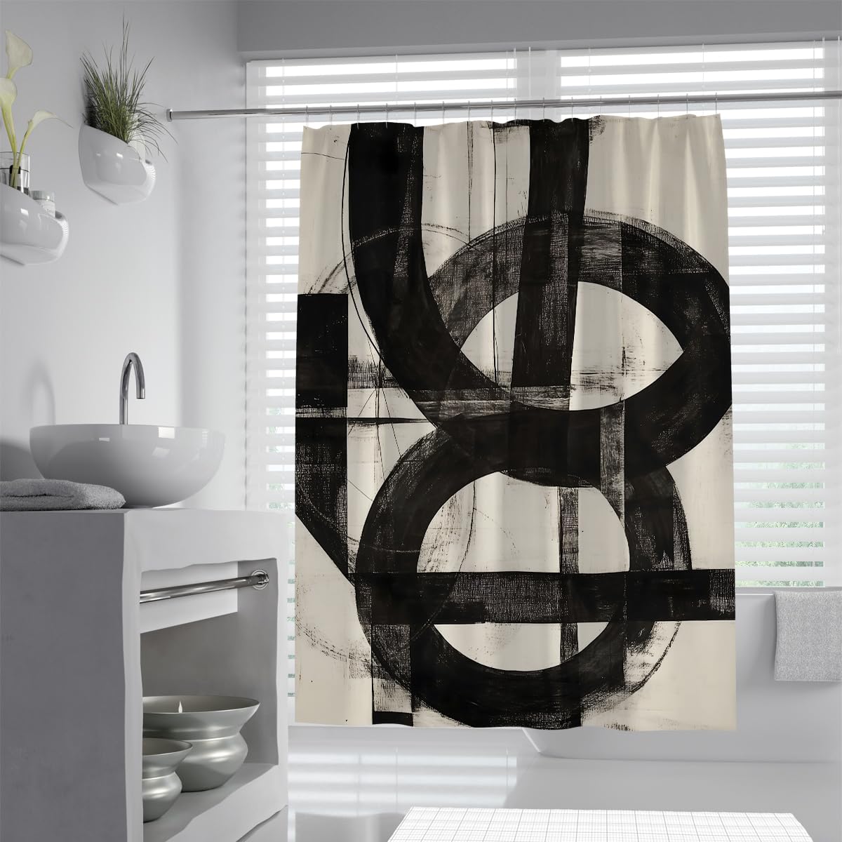 OLLIAR Home Minimalist Modern Shower Curtain Set Black White Neutral Contemporary Abstract Brushstroke Art Waterproof Bath Curtain with Hooks 150x180cm