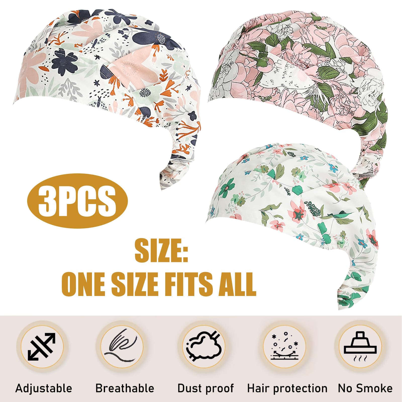 3 Pièces casquette femme Calot Chirurgien Femme Chapeaux de Travail avec Noués à Dos Sweatband Chapeau Réglable Capuche Casquette Queue Cheval Calot Chirurgien Cuisine Couverture Homme Femme