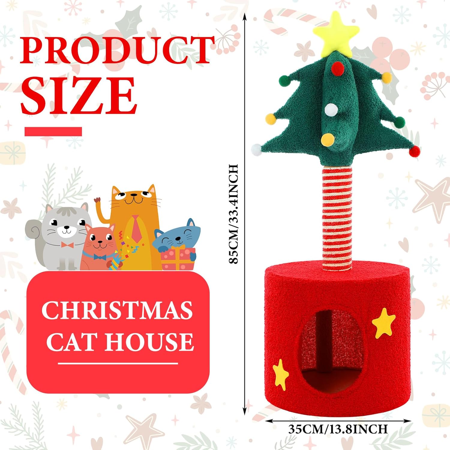 Christmas Cat Tree Tower with Sisal Scratching Post Scratcher and Gift Box Christmas Cat House Condo Bed 33 Inch for Indoor Kittens to Play and Sleep Xmas Holiday Decoration