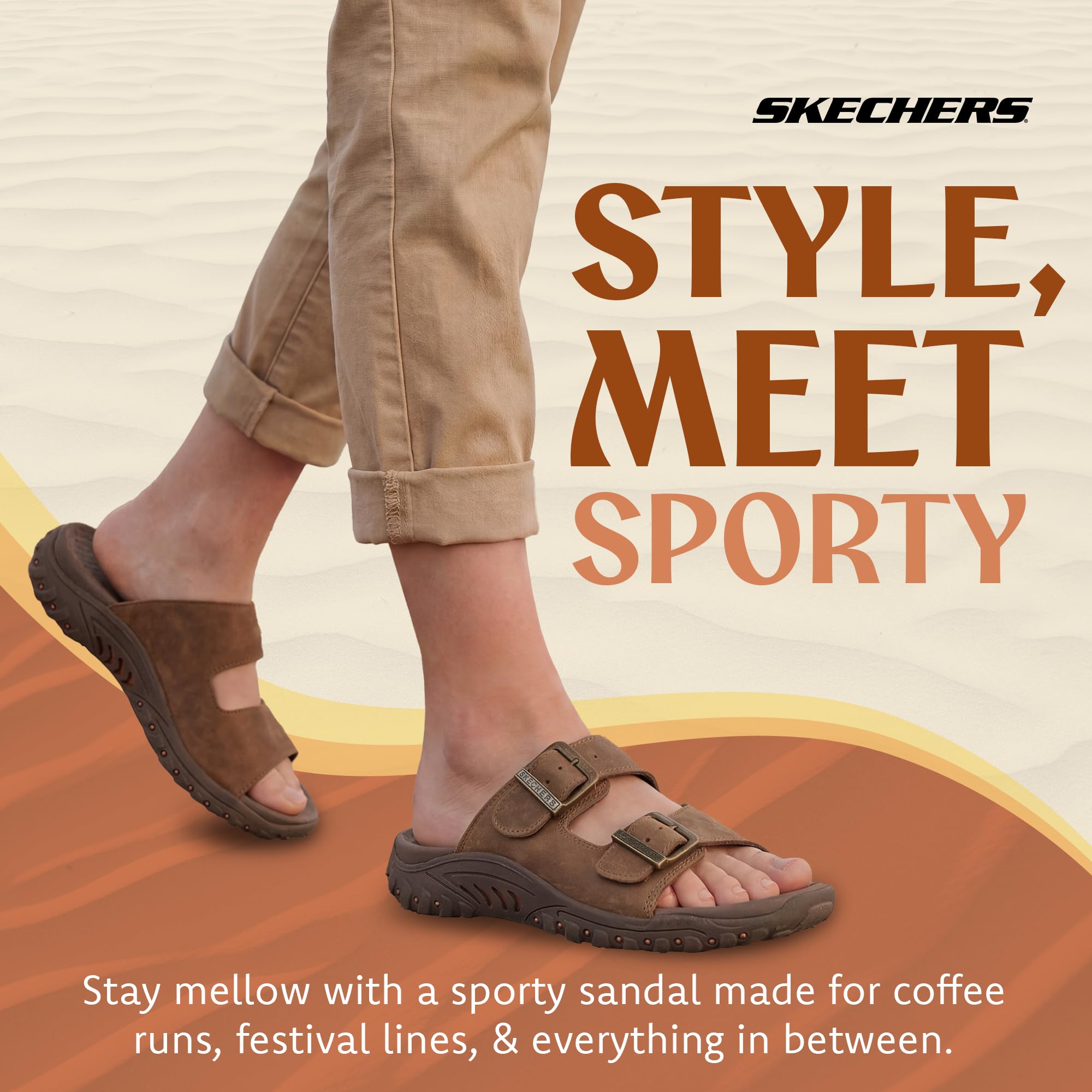 Skechers Womens Reggae-Jammin Sandals | Oiled Leather Upper Double Adjustable Metal Buckles Contoured Cushioned Footbed Wide Fit product thumbnail 7