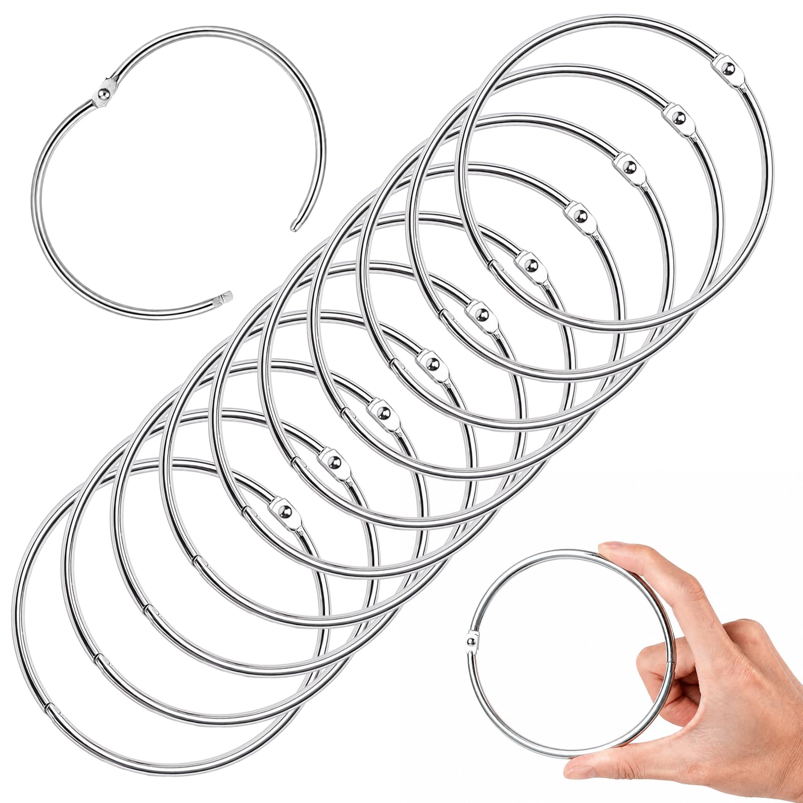 Akamino 10 Pcs 4 Inch/10cm Openable Metal Binder Rings Large Loose Leaf Binder Ring for Organizing Index Cards Flash Cards, Round Shower Curtain Hooks Hinge Key Rings for DIY Crafts, Office Home