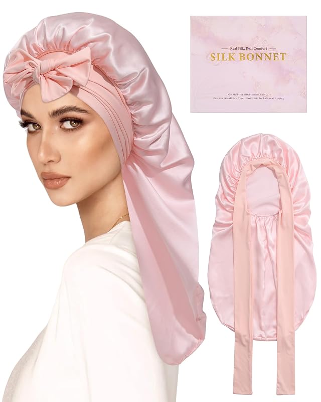 AWAYTR Touca de Banho Longa de Seda Mulberry Rosa com Faixas Elásticas