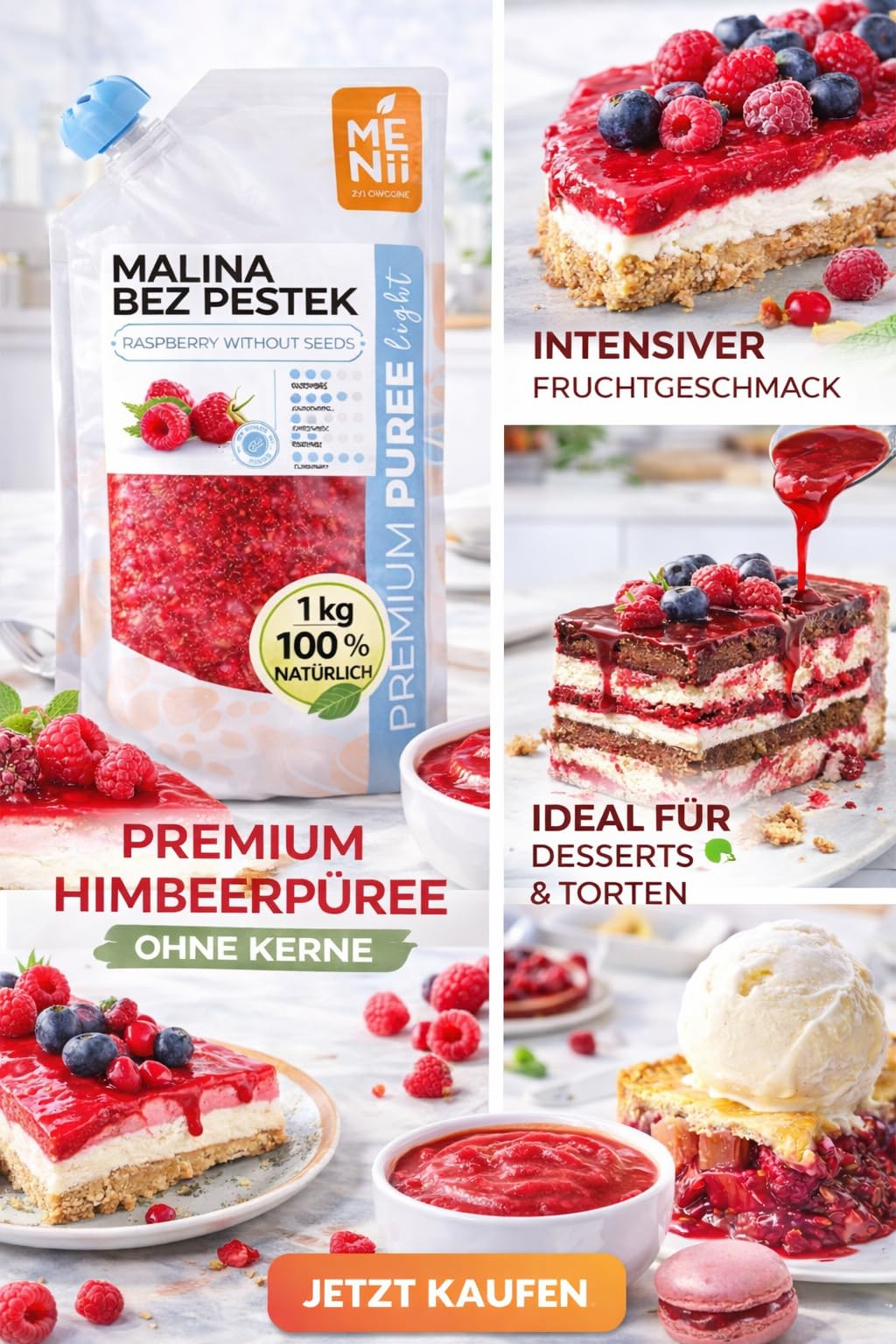 Puré de Frambuesa Premium, 1 kg, Sorbete, Postre, Frambuesa - Puré de Frutas, Pulpa