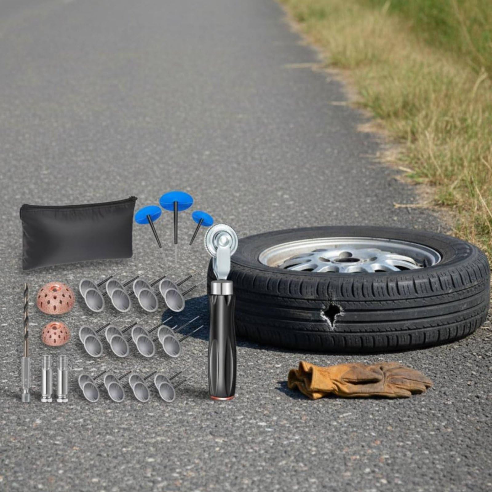 Equipo de Reparación de Neumáticos Kit de Tapones Tubeless Herramienta de Inserción en Acero Inoxidable Parches de Goma Engrosados con Estuche