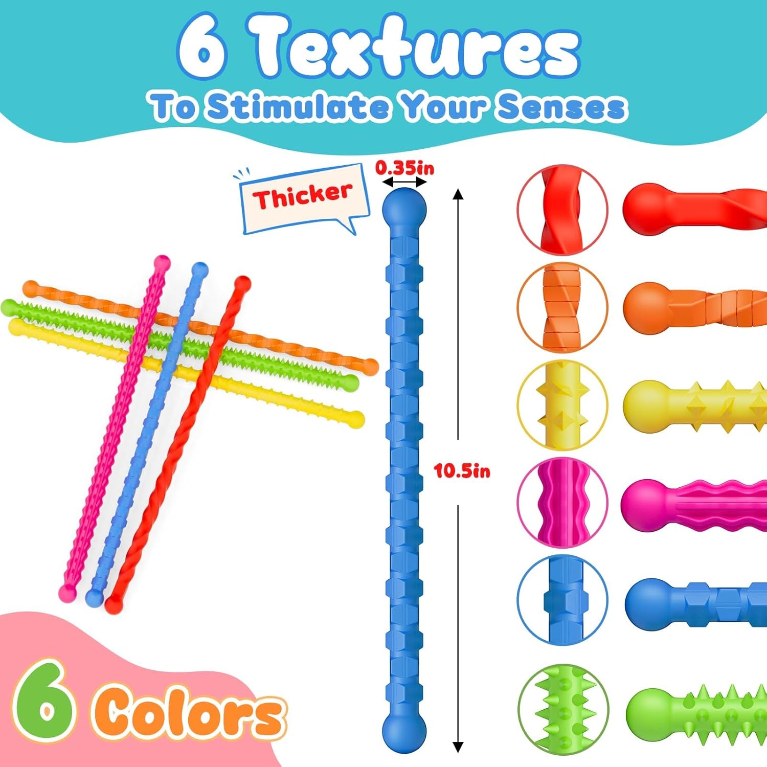 12 Pcs Fidget Toys Sensory Sticks for Kids Adults, Silicone Textured Fidget Stick for Stress Anxiety Autistic ADHD, Imagination Sticks for Kids Classroom, Quiet Fidgets for Calm Down Travel