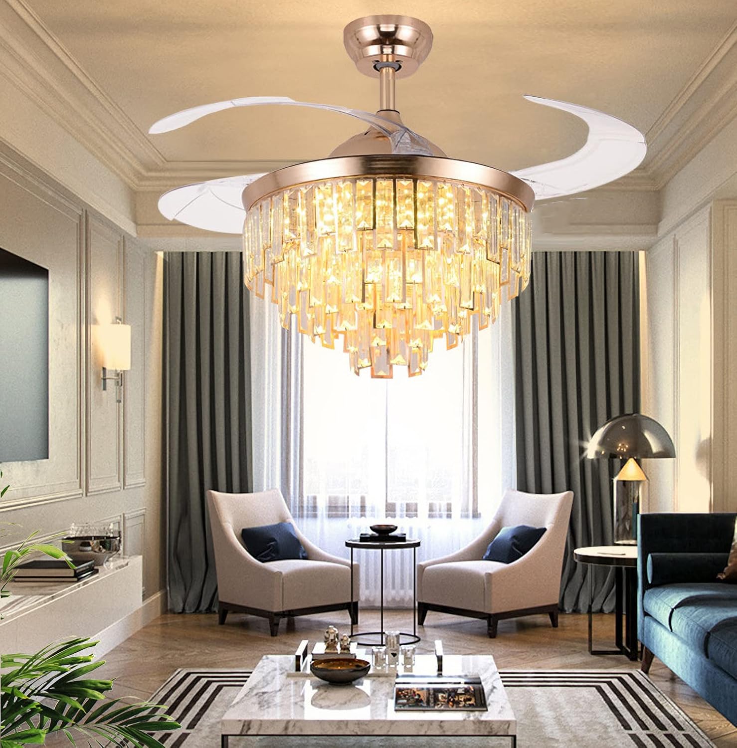 RuiWing 42" Gold Crystal Ceiling Fan with Light, Modern Luxury Fandelier with Remote Control Retractable Blades for Indoor Decoration LED 3 Color Changing(42inch)