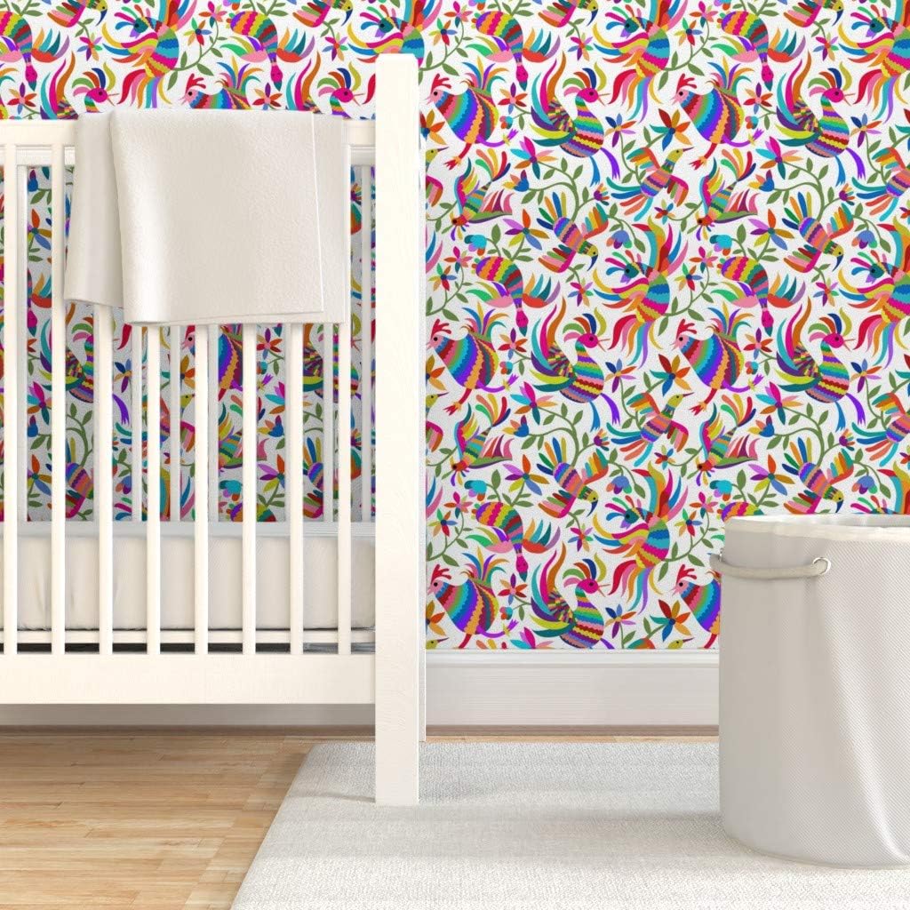 Peel & Stick Wallpaper Swatch - Flying Otomi Birds Mexican Folk Art Chicken Fiesta Animals Air Custom Removable Wallpaper by Spoonflower
