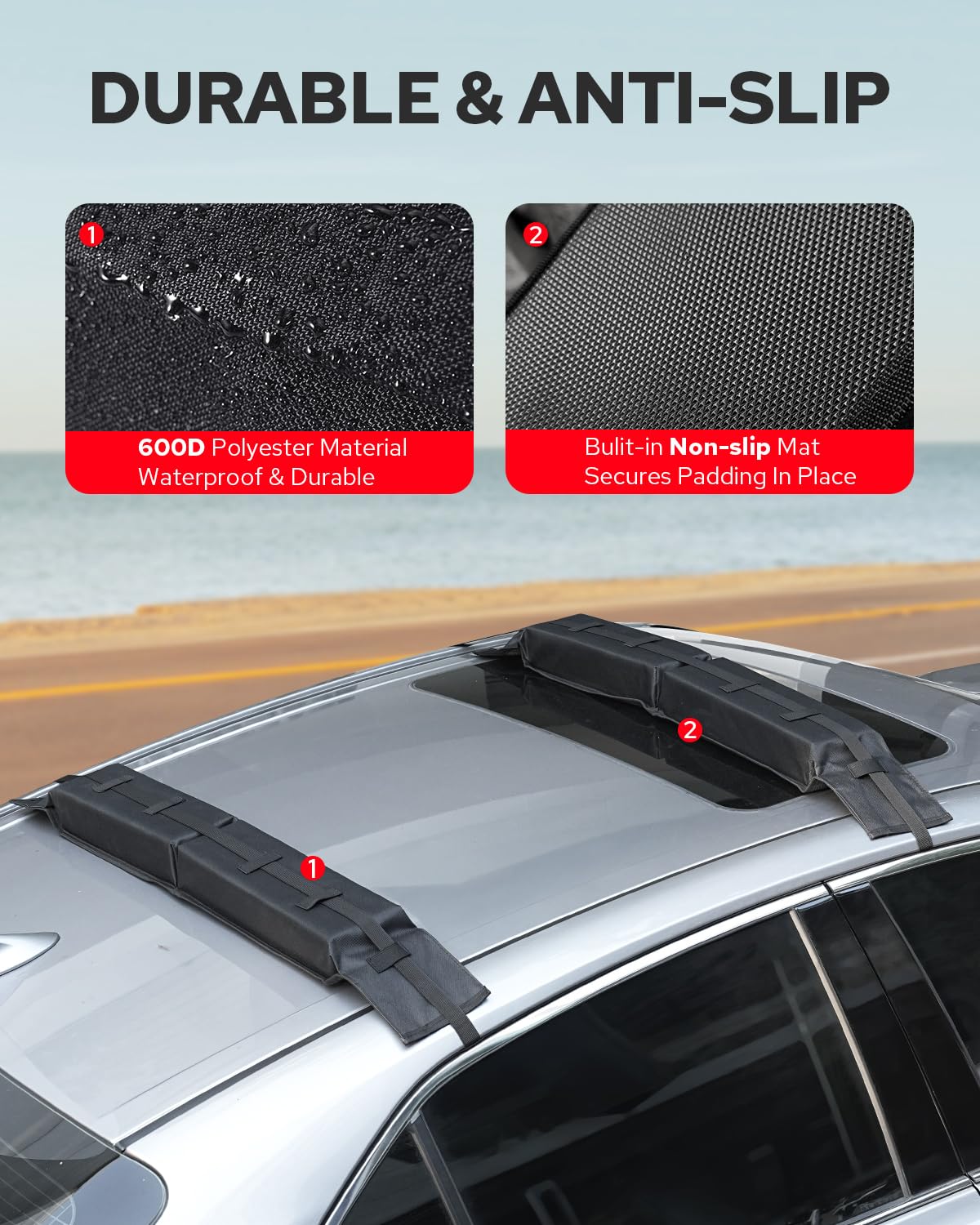 Benlari Universal Car Soft Roof Rack Pads, Roof Pads for Kayak Surfboard SUP Paddle Board Snowboard Canoe Include 2 Heavy Duty Tie Down Straps, 2 Tie Down Rope, 2 Quick Loop Strap and Storage Bag