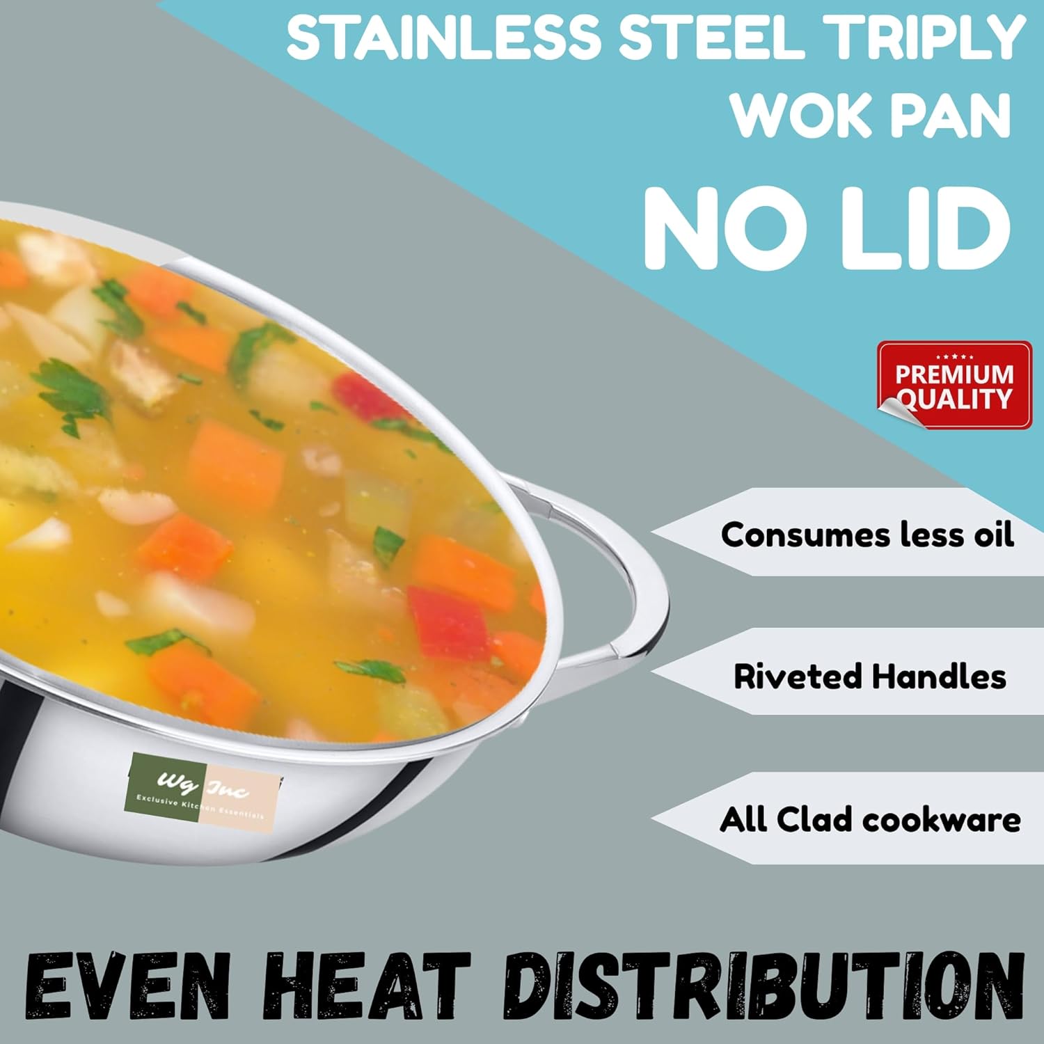 Stainless Steel Wok, Tri-Ply Wok Pan 12 Inch, Kadhai without Lid, Triply Non Stick Kadai Cookware, Wide & Deep Stir Fry Woks for Cooking, All Cooktops Compatible, Dishwasher Safe