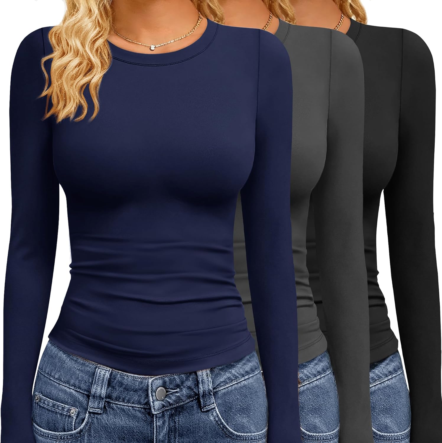 GAYHAY 3 Pack Long Sleeve Shirts for Women Basic Tops Crew Neck Fitted Tight Workout Tees Y2K Clothes Going Out Fashion 2025
