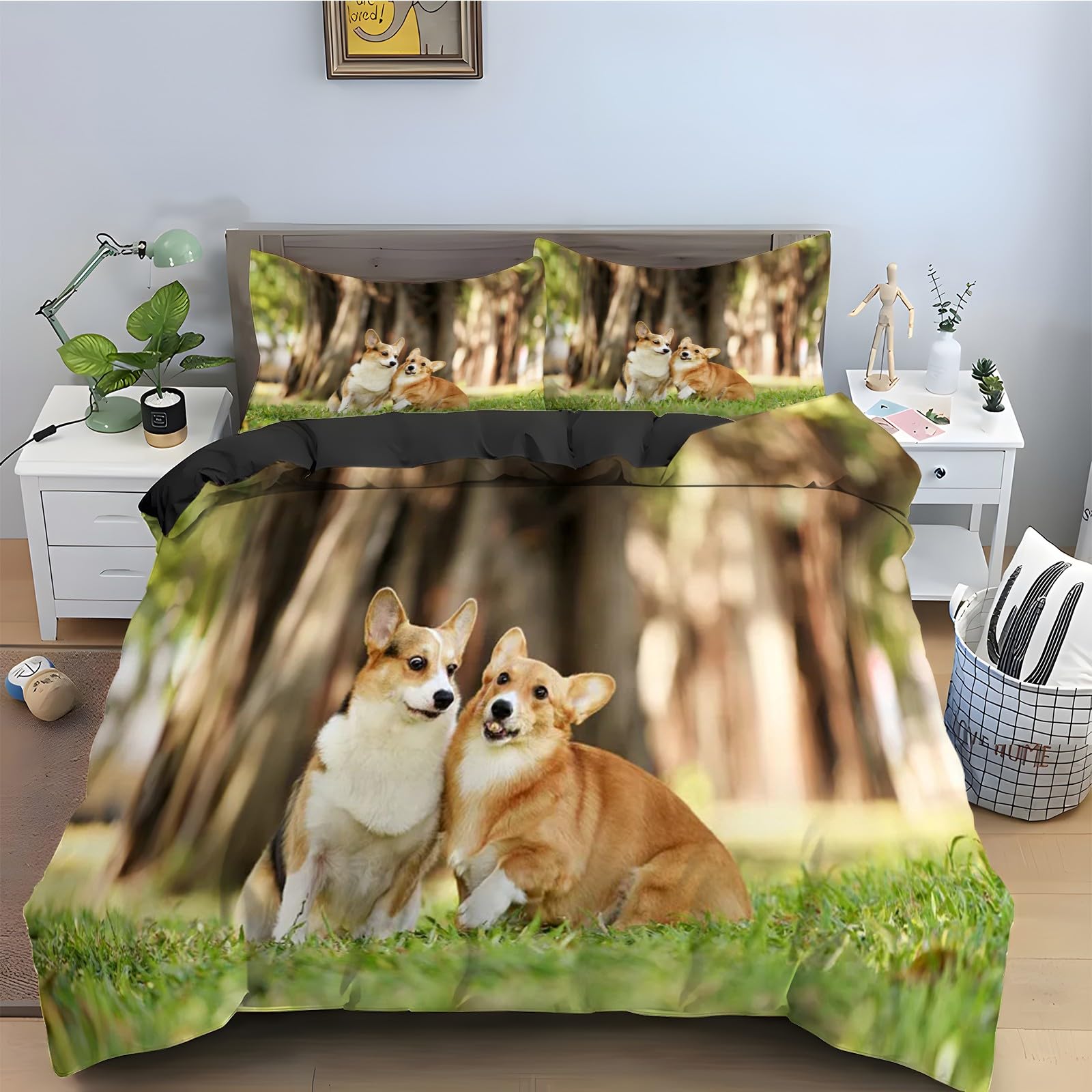 Housse de couette corgi 200x200 cm hypoallergénique et facile à repasser