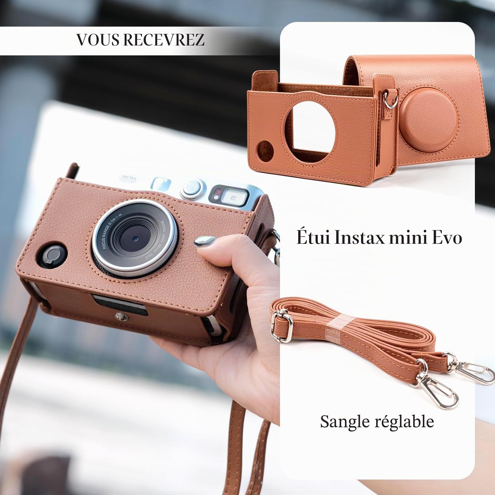 Rieibi Etui pour Appareil Photo Mini Evo, Housse de Protection en Cuir PU Vintage pour Appareil Photo instantané Fujifilm Fuji Instax Mini Evo avec bandoulière Amovible