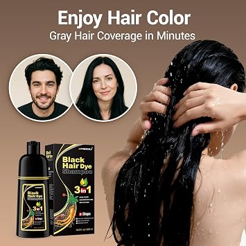 IIIMEIDU MEIDU Black Hair Dye Shampoo 3 in 1 for Gray Coverage, Semi Permanent Hair Color Shampoo for Color Treated Hair Dye for Women Men Champu Para Canas pintar el pelo 500ml