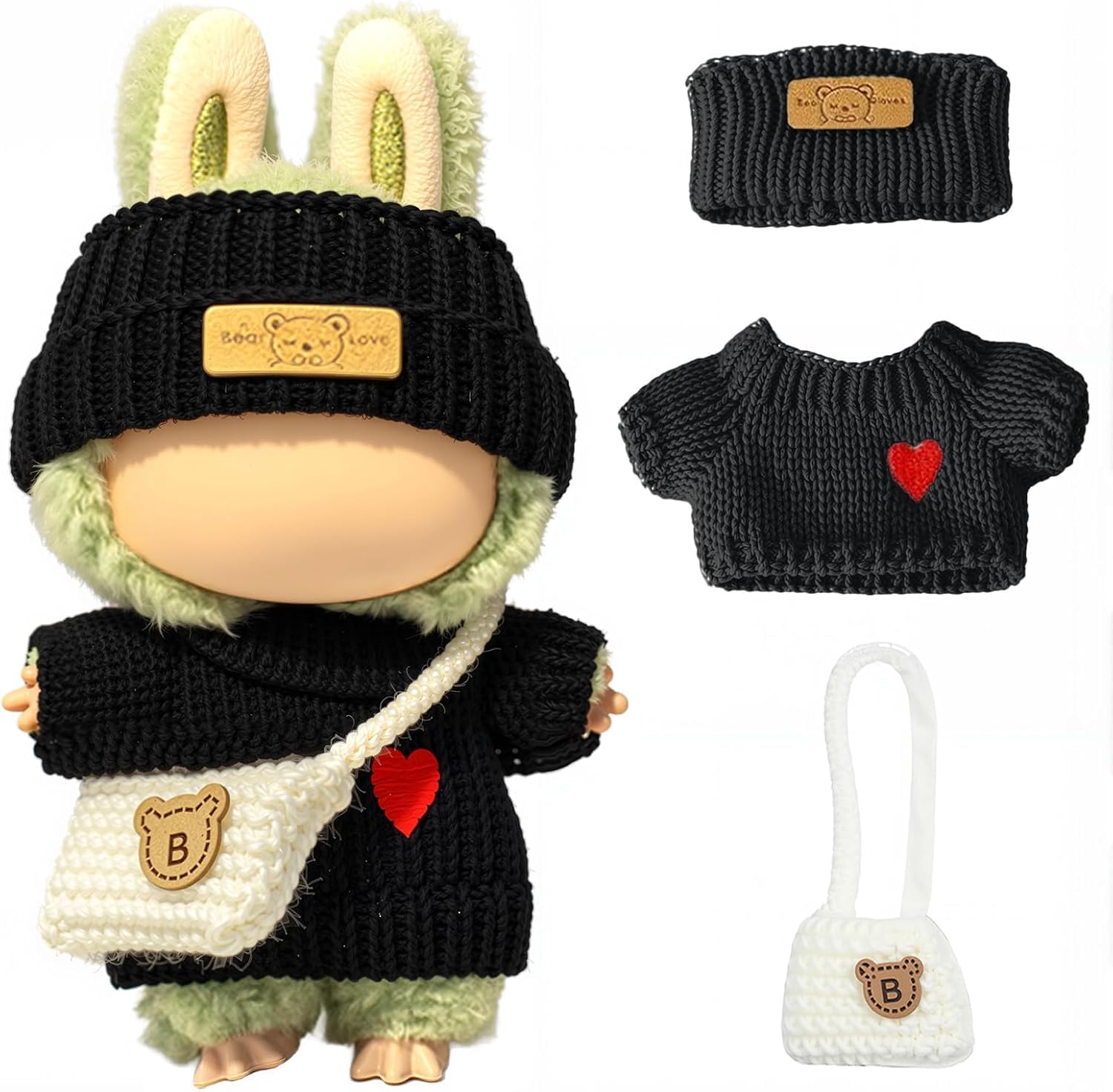Clothes for Labubu 17cm Doll Handmade Crochet 3-Piece Set (Heart Sweater + Hat + Bag) - Cute Outfits for Dressing Up, Unique Style - Doll Not Included (Style 1)