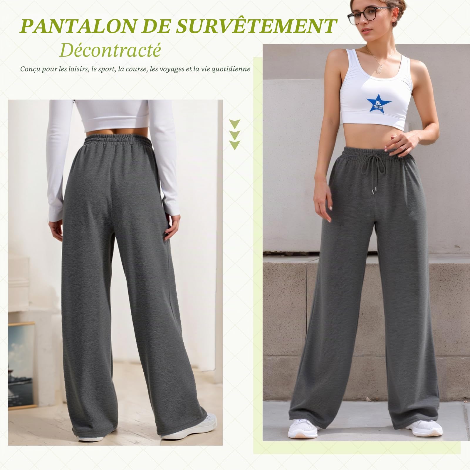 Pantalon Jogging Femme Pantalon de Sport Large en Bas Pantalon de Décontracté Baggy Pantalon de Survetement avec Poches pour Running Fitness Training Yoga